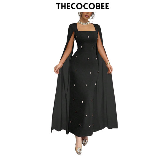 #122 Black French Elegant Daily & Party Fitted Rhinestone Luxurious Square Neck Chiffon See-Through Knitted Elastic Red Dress, Autumn/Winter