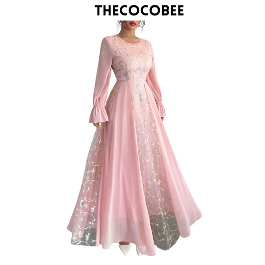 #120 Pink Mesh Embroidered Patchwork Chiffon Flare Sleeve Dress For Women