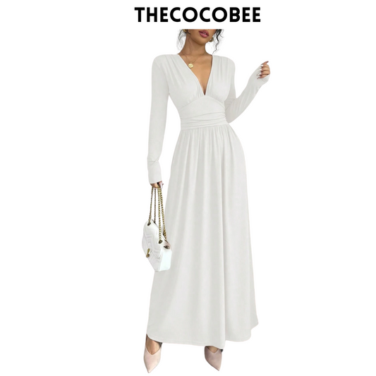 #110 White Casual Long Dress, Deep V-Neck, Raglan Long Sleeve, Front Panel Patchwork, Crinkled, A-Line, Lotus Root Pink Textured Fabric, Autumn/Winter Maxi Women Outfit