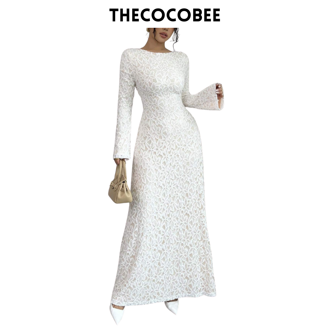 #131 White Elegant Flocked Lace Long Sleeve Fitted Waist A-Line Dress For Women Maxi Women Outfit