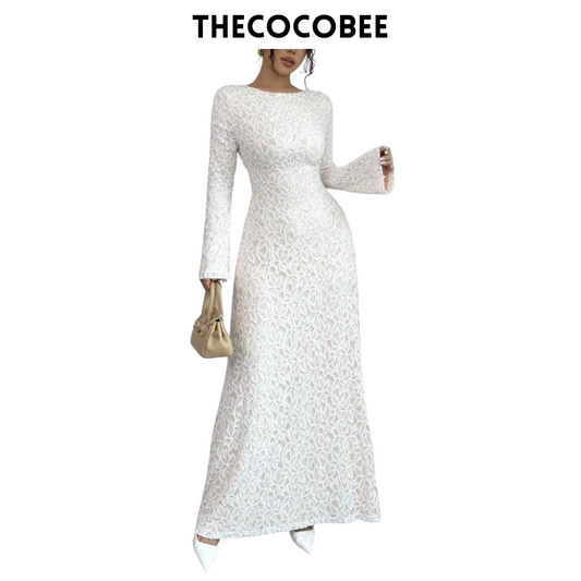 #131 White Elegant Flocked Lace Long Sleeve Fitted Waist A-Line Dress For Women Maxi Women Outfit