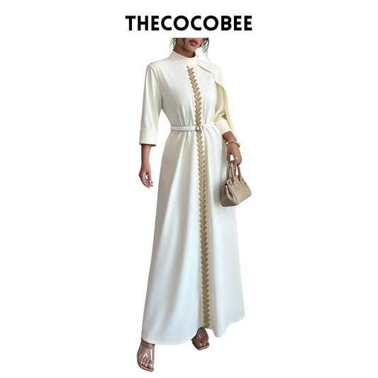 #147 Apricot Luxury Evening Dress, Hand-Beaded Front Center Decorative, Eid Festival, 3/4 Sleeve, Knitted Dress