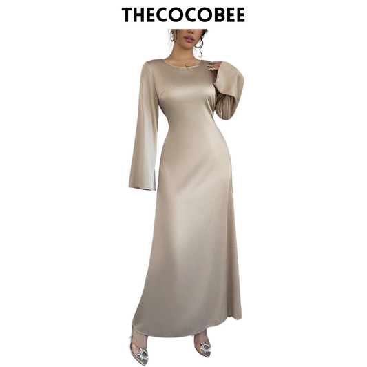 #152 Apricot Sexy Waist Cinched Round Neck Long Sleeve Fitted Dress Maxi Satin Women Outfit