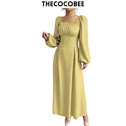 #102 Light Yellow Elegant Long Dress With Square Neck, Lantern Sleeves, Pleats, And Back Tie, Solid Color, For Autumn Maxi Women Outfit