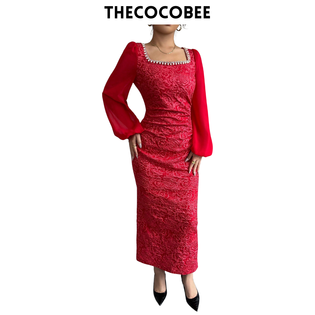 #125 Red Beige Color-Block Chain Patterned Waisted Bodycon Dress