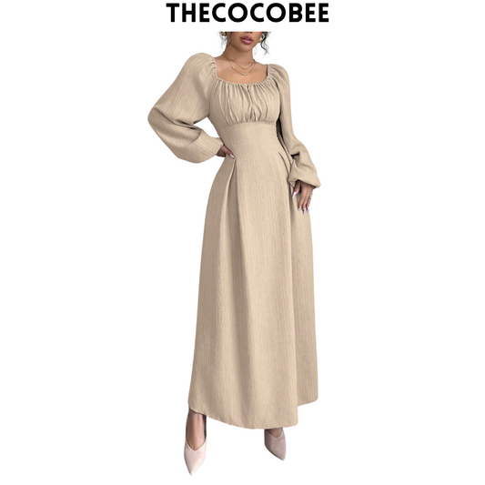#102 Khaki Elegant Long Dress With Square Neck, Lantern Sleeves, Pleats, And Back Tie, Solid Color, For Autumn Maxi Women Outfit