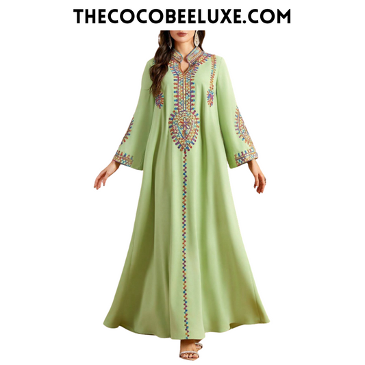 #143 Green Vintage V-Neck Sequins Embroidery Rope Tie Long Sleeve Dress, Arabic Style For Spring/Summer