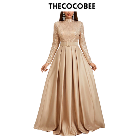 #136 Brown Long Sleeve Stand Collar Sequin Panel Pleated Evening Dress (With Belt) Elegant Formal Prom Wedding Guest Gown, For Graduation, Dinner Party Dress