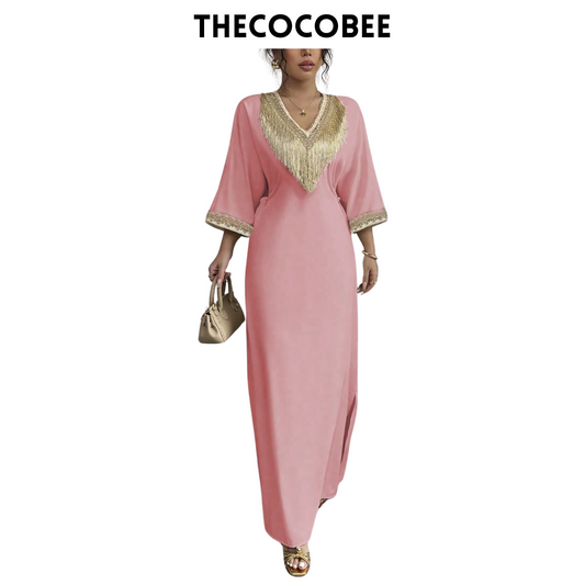 #148 Dusty Pink Elegant Floral Applique V-Neck Tassel Waist Maxi Dress, Suitable For Eid Al-Fitr