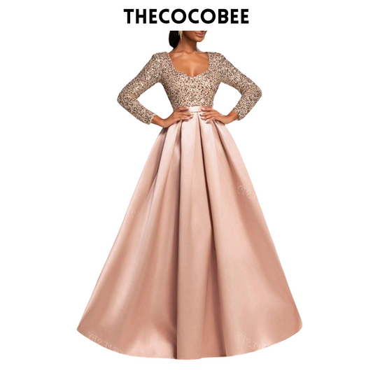 #138 Dusty Pink Elegant Sequined Satin Evening Gown With Long Sleeves – Idea For Art Gallery Galas, Charity Dinners, Luxury Events, Private Museum Parties, Or Cannes Film Festival Red Carpets Party Dress Wedding Guest Dress Formal Dress Evening Dress