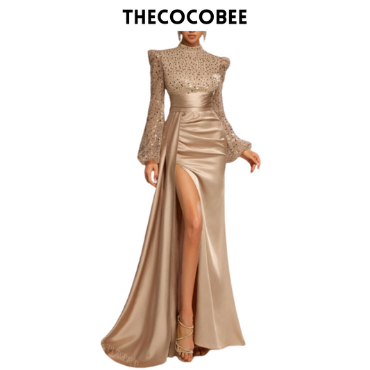 #135 Champagne Elegant Mock Neck Lantern Sleeves Sequin Bodice Mermaid Hem Evening Dress,Wedding Event Dress, Long Sleeve Formal Prom Dress, For Wedding Guest, Graduation, Dinner Party Dress