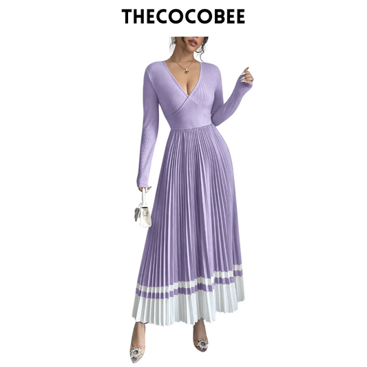 #109 Purple V-Neck Waist Pleated Patchwork A-Line Elegant Retro Dress, For Daily Wear Maxi Women Outfit