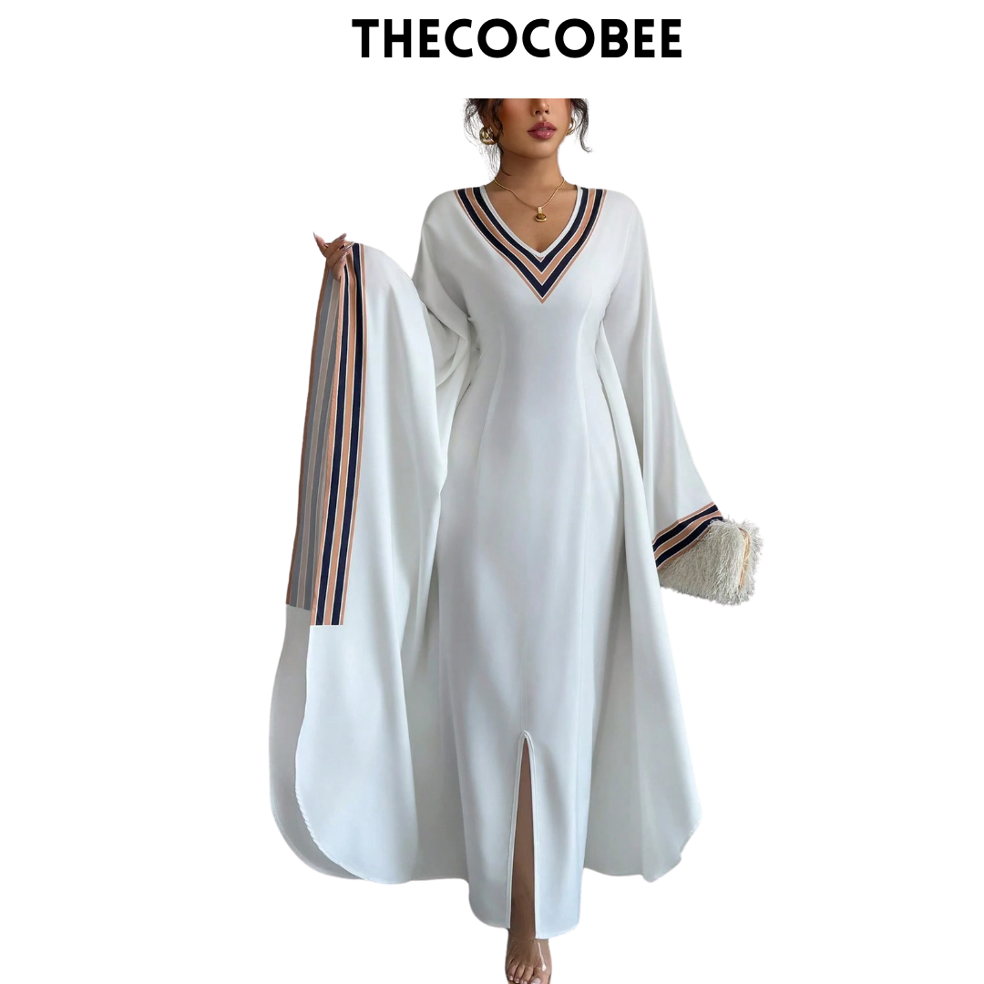 #149 White 1pc Women's V-Neck Asymmetrical Hem Printed Long Cover Up Dress