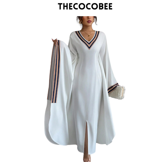 #149 White 1pc Women's V-Neck Asymmetrical Hem Printed Long Cover Up Dress