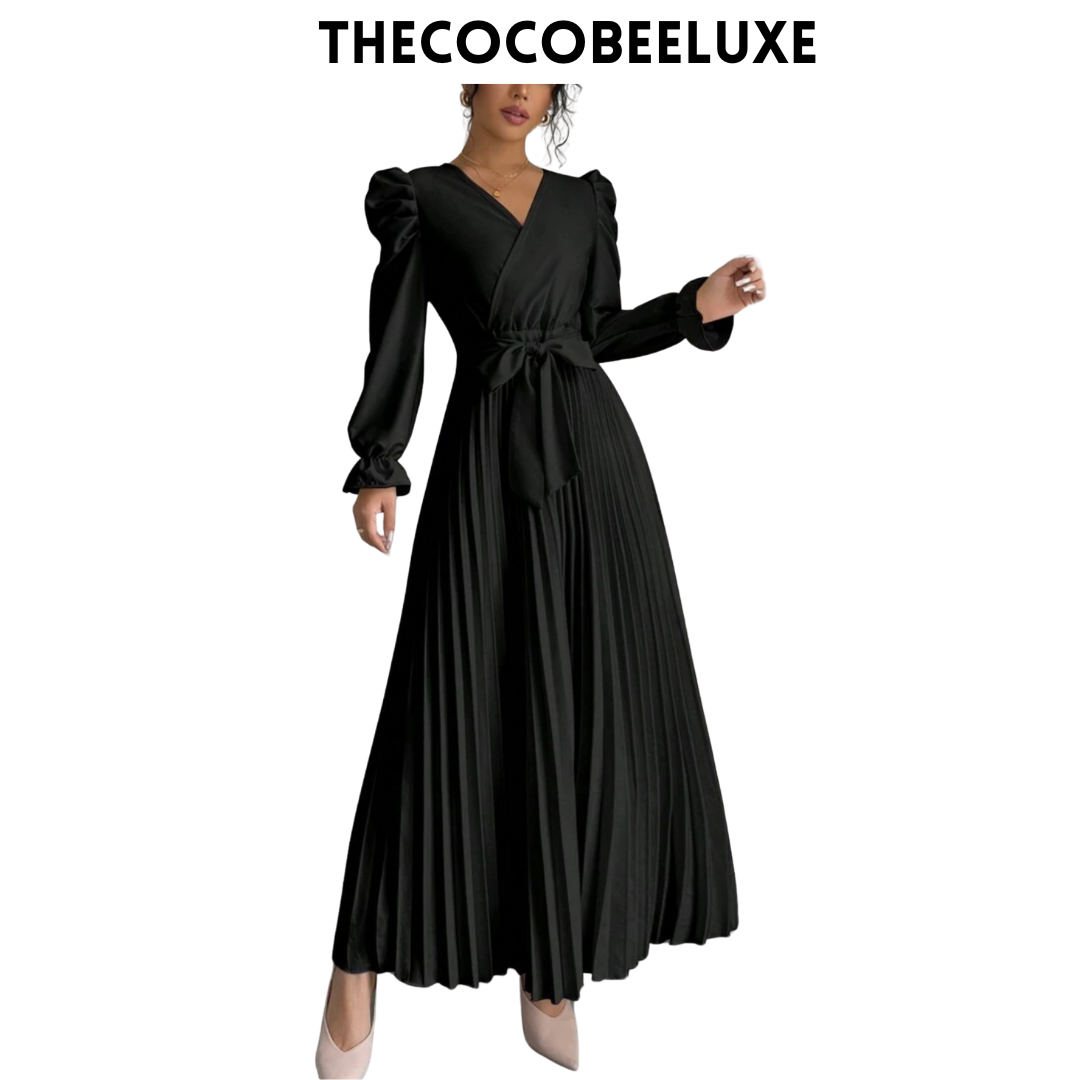 #013 Women dress V-Neck Tie Gigot Sleeve Pleated Solid Color in Black