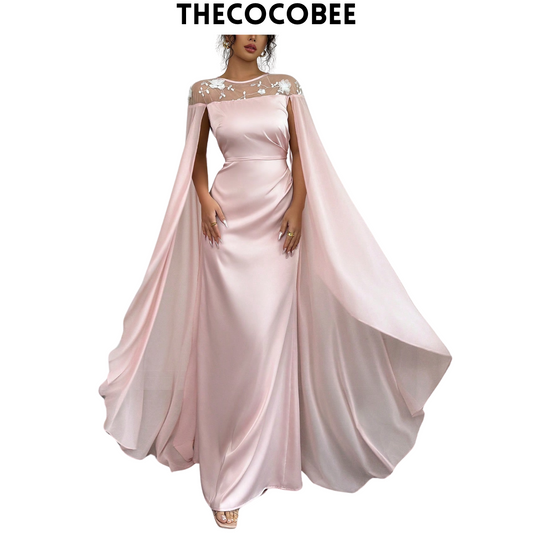 #121 Pink Elegant Luxurious Elegant Pink Round Neck Hollow Out Mesh Splice Sheer Flowy Long Sleeve Pleated Waist Slim Hem Dress For Women
