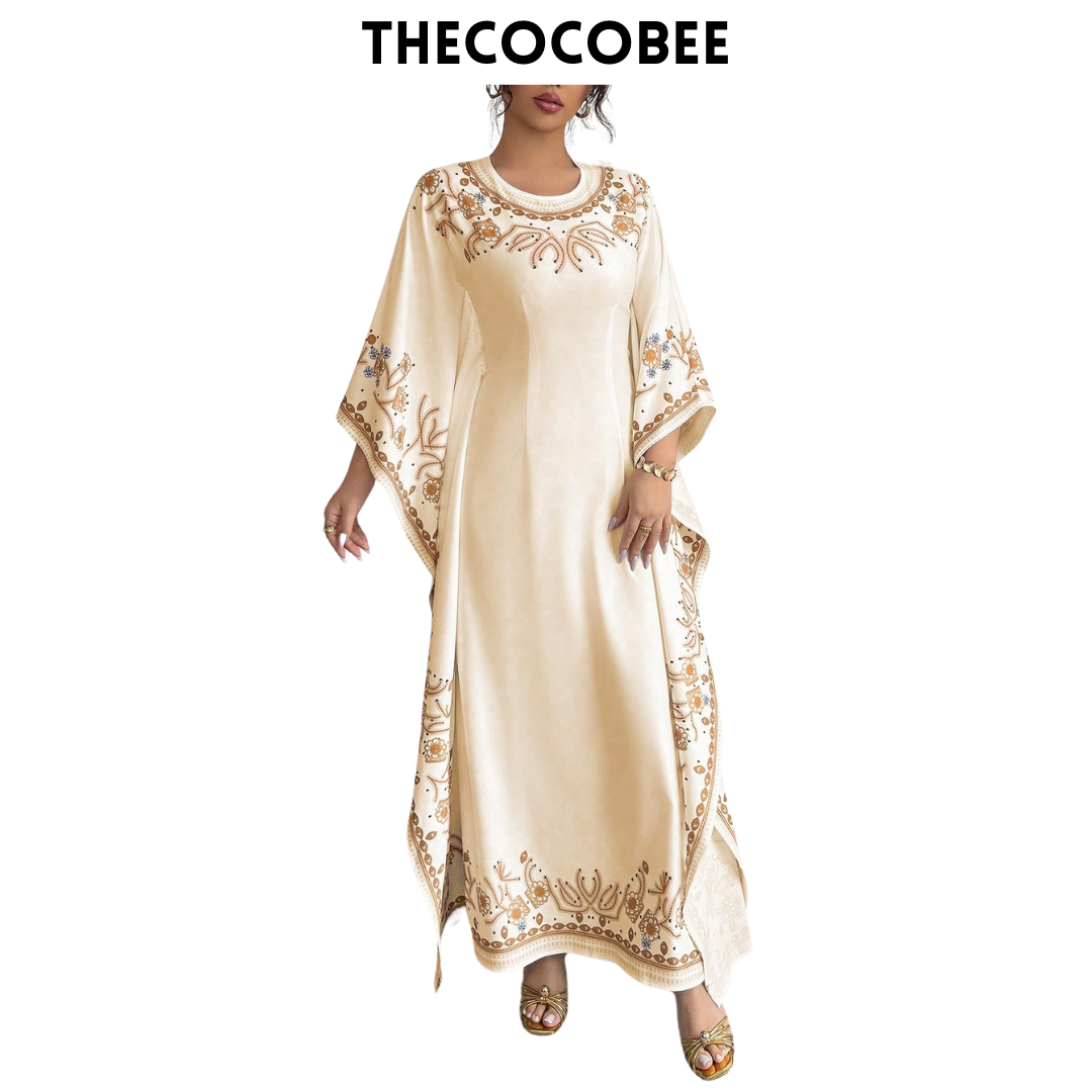 #151 Apricot Elegant Waist-Cinched Round Neck Long Floral Print Dress For Women, Suitable For Formal Occasion