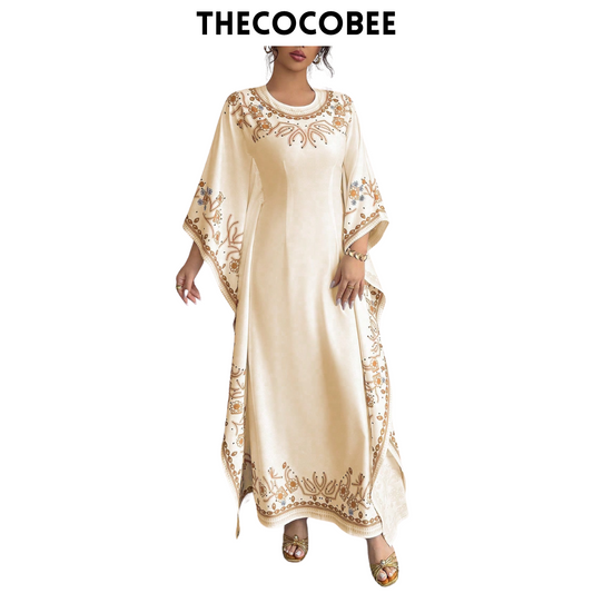 #151 Apricot Elegant Waist-Cinched Round Neck Long Floral Print Dress For Women, Suitable For Formal Occasion