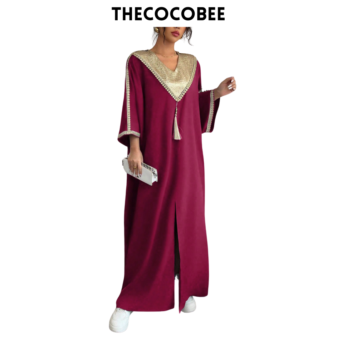 #145 Burgundy Style Patchwork Loose Holiday Robe With Pants