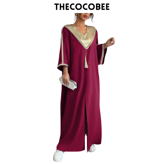 #145 Burgundy Style Patchwork Loose Holiday Robe With Pants