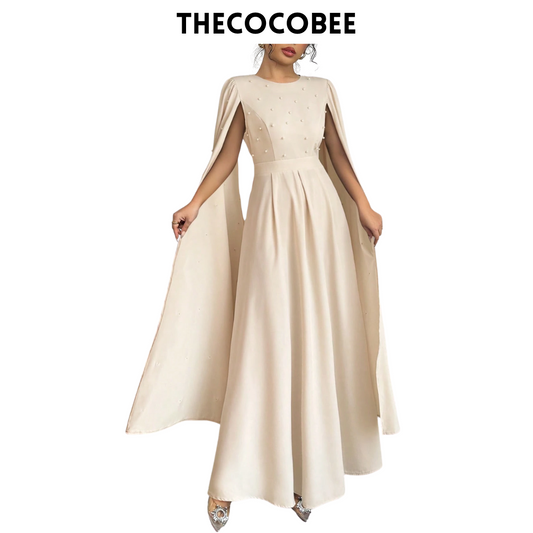 #123 Apricot Luxury Pearl Decorated Evening Gown