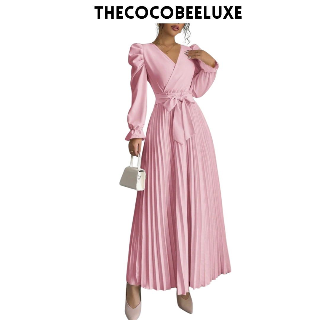 #013 Women dress V-Neck Tie Gigot Sleeve Pleated Solid Color in Pink