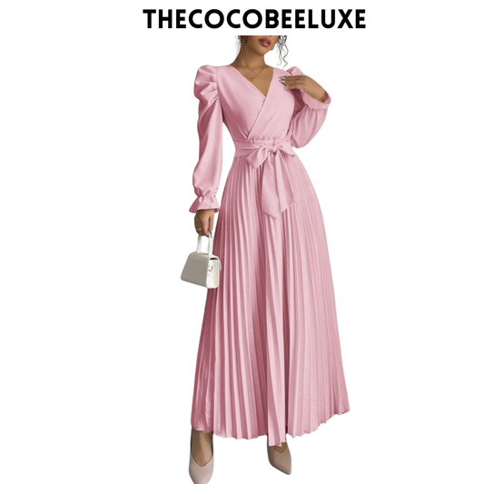 #013 Women dress V-Neck Tie Gigot Sleeve Pleated Solid Color in Pink