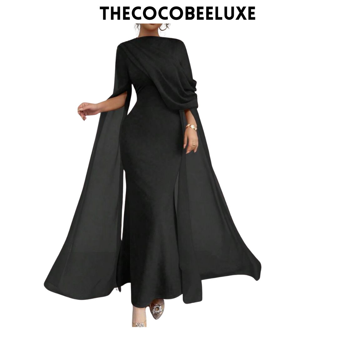 #016 Elegant Party Gown With Gathered Waist - black