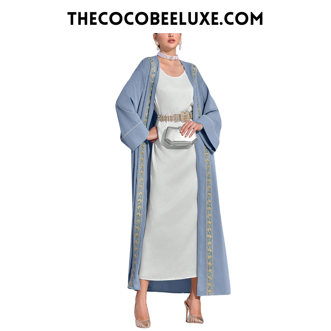 #141 Blue Floral Patchwork Sash Long Sleeve Abaya Cardigan