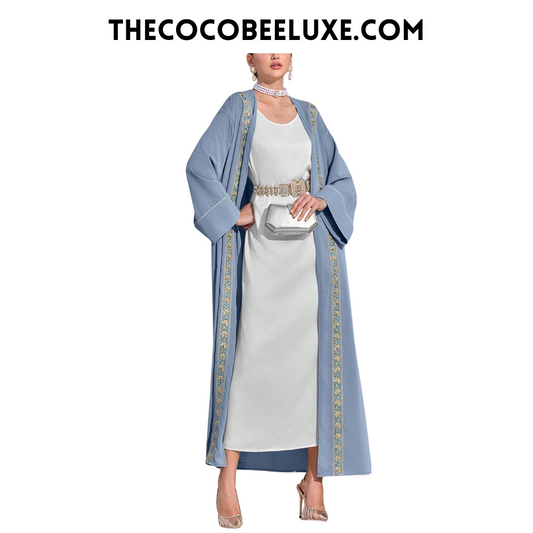 #141 Blue Floral Patchwork Sash Long Sleeve Abaya Cardigan