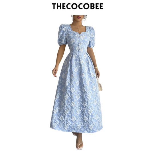 #114 Blue Spring/Summer Square Neck Elegant Floral Geometric Jacquard Waisted A-Line Long Dress With Metal Button Decoration