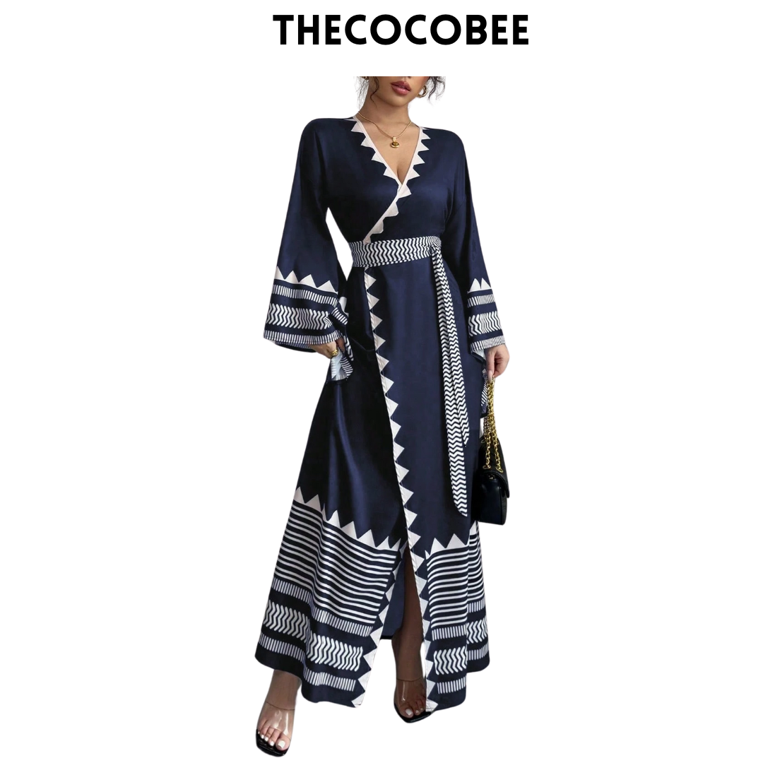 #150 Navy Blue Elegant Jacquard Floral Pattern Cross-Tied Cuff Extra Long Bell Sleeve Dress