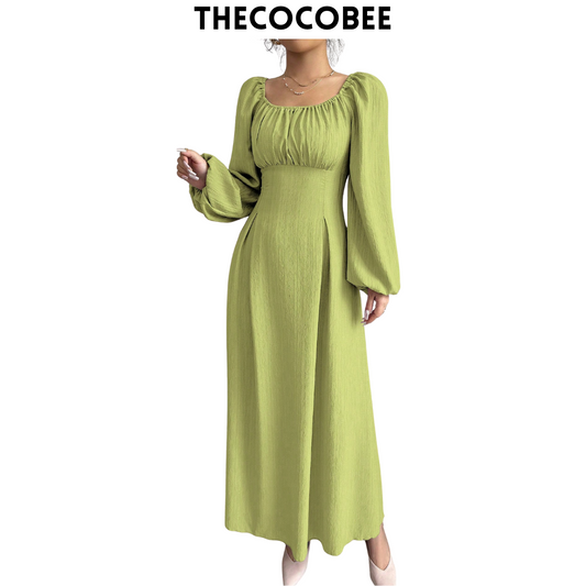 #102 Turquoise Elegant Long Dress With Square Neck, Lantern Sleeves, Pleats, And Back Tie, Solid Color, For Autumn Maxi Women Outfit