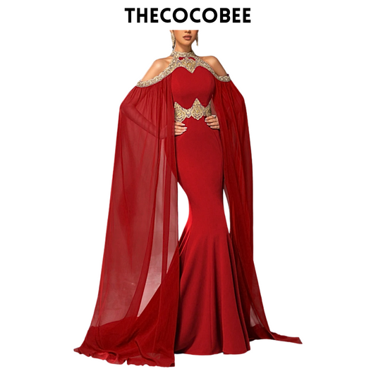 #137 Red Vintage Romance Mermaid Gown With Golden Lace Embroidery & Dramatic Chiffon Cape Sleeves | Elegant Dress For Black Tie Events, Cannes Film Festival Red Carpets, Or Royal Gala Parties, Party Dress, Wedding Guest Dress, Formal Dress, Evening Dress