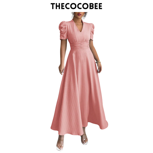 #112 Pink Solid V-Neck Ruched Waist Puff Sleeve Dress, Elegant Maxi Women Outfit