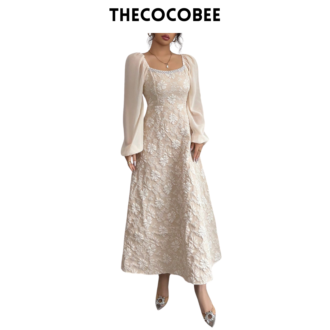 #101 Apricot Jacquard Woven Chiffon Puff Sleeve A-Line Dress