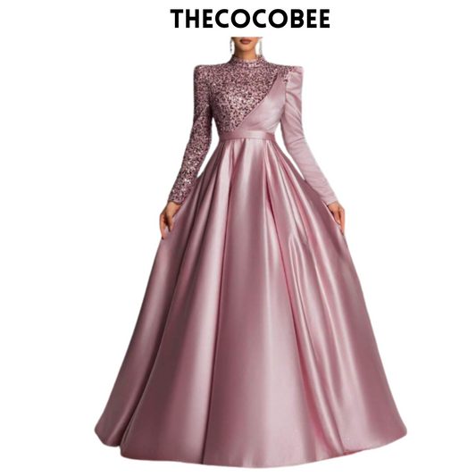 #134 Pink Satin Sequin Long Sleeve Evening Gown