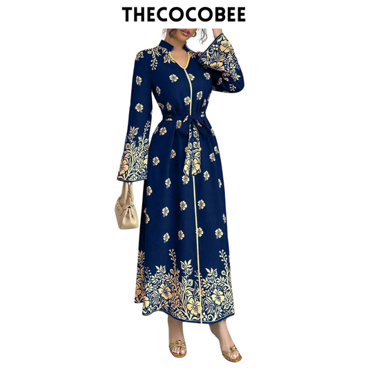 #139 Navy Blue Printed Stand Collar Long Sleeve Elegant Casual Long Dress For Women Maxi Women Outfit