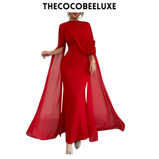 #016 Elegant Party Gown With Gathered Waist - Red