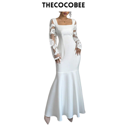 #128 White Elegant Square Neckline Bodycon Mermaid Dress Maxi Women Outfit