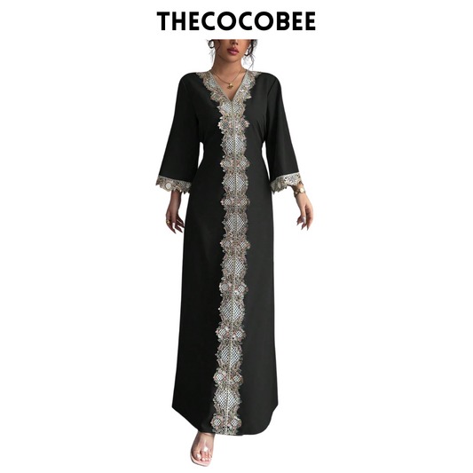 #146 Black Fashion Floral Applique Ruffle Waist Maxi Dress
