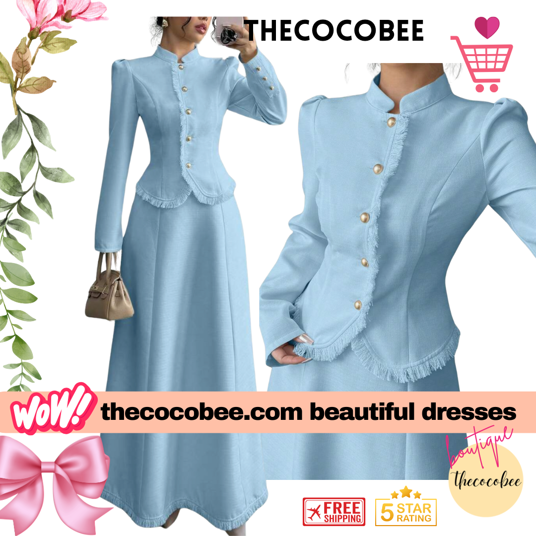 #001 2pcs/Set Women Elegant Patchwork Tassels Coat & Dress Blue