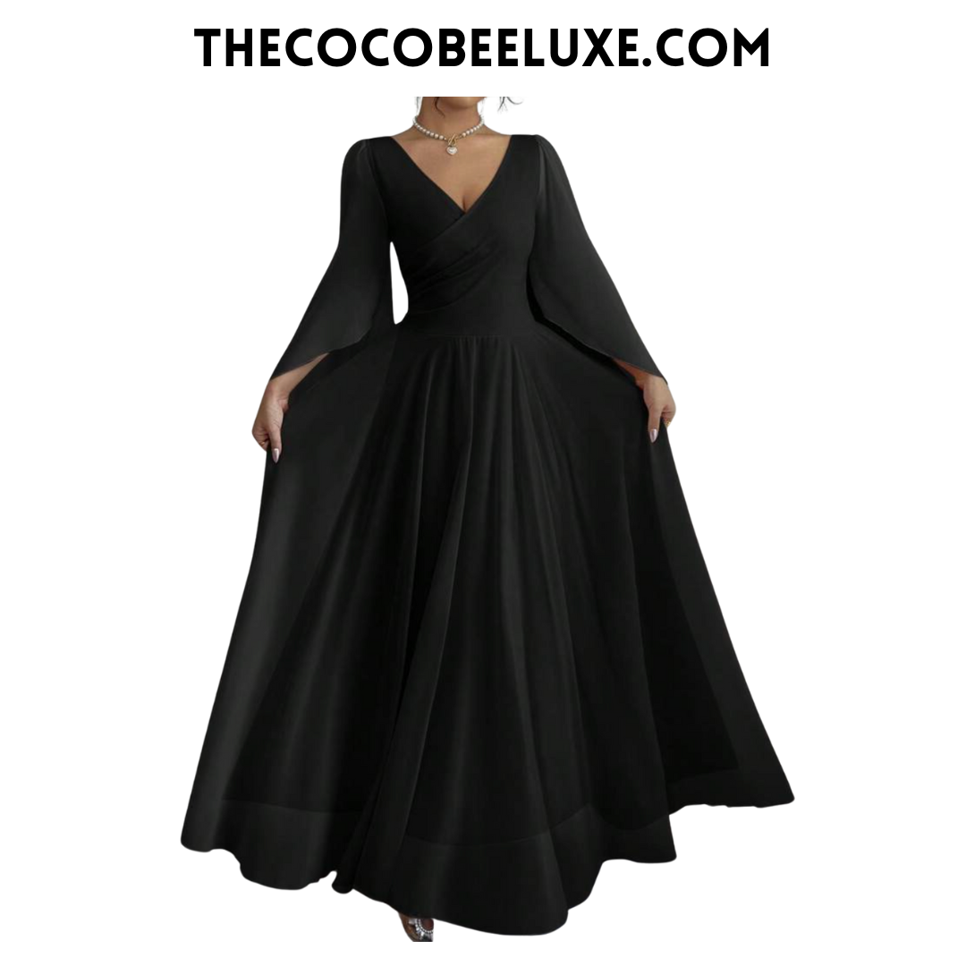 #015 Elegant Romantic Wedding, Bridesmaid, Prom, event Long Sleeve Dress - Black