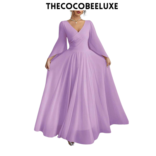 #015 Elegant Romantic Wedding, Bridesmaid, Prom, event Long Sleeve Dress - Purple