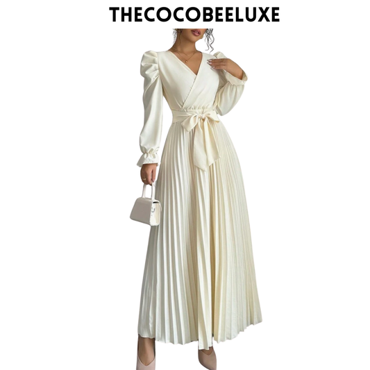 #013 Women dress V-Neck Tie Gigot Sleeve Pleated Solid Color in White