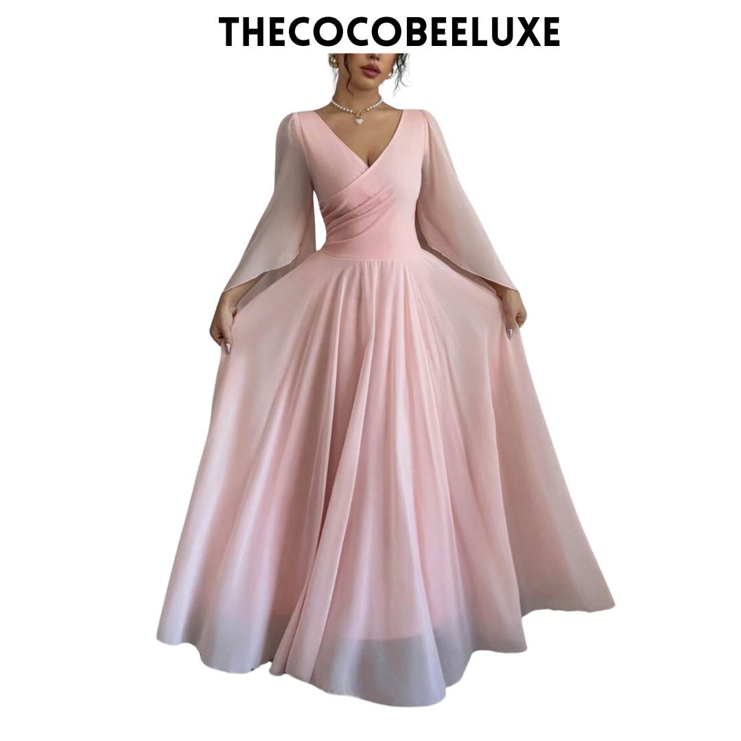 #015 Elegant Romantic Wedding, Bridesmaid, Prom, event Long Sleeve Dress - Coral Pink