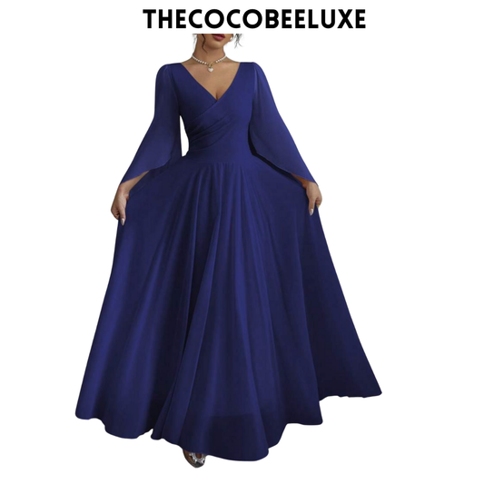 #015 Elegant Romantic Wedding, Bridesmaid, Prom, event Long Sleeve Dress - Navy Blue