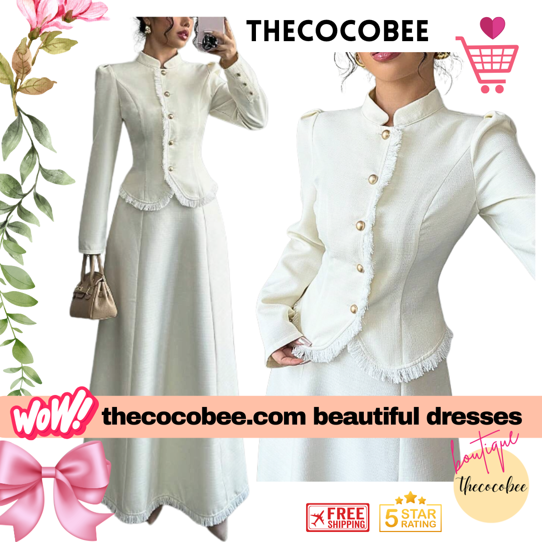 #001 2pcs/Set Women Elegant Patchwork Tassels Coat & Dress White