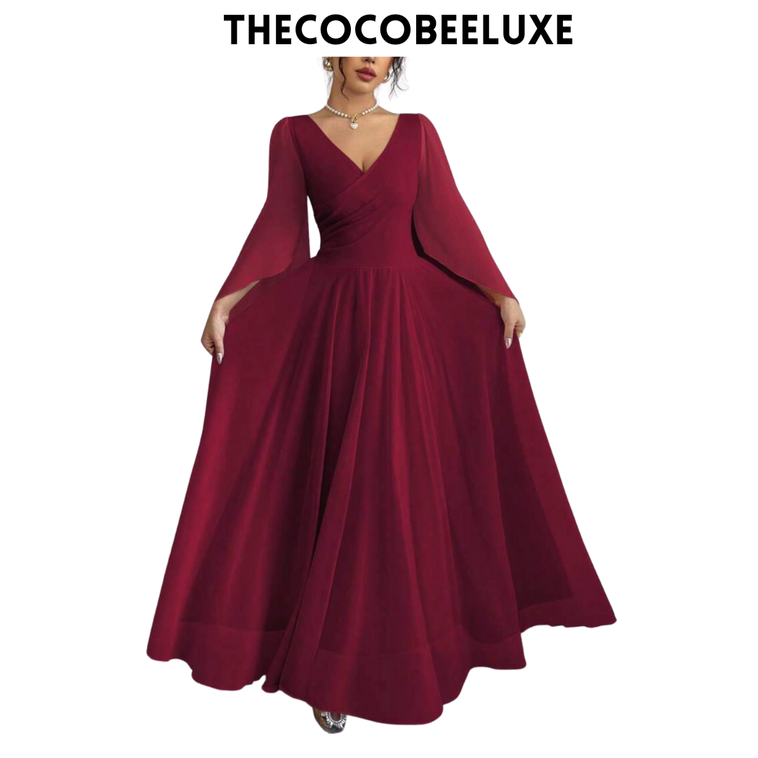 #015 Elegant Romantic Wedding, Bridesmaid, Prom, event Long Sleeve Dress - Burgundy