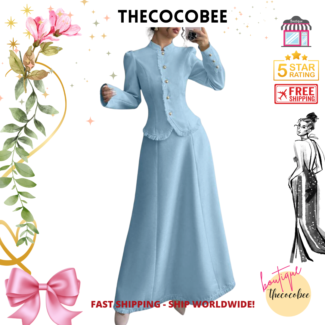 #001 2pcs/Set Women Elegant Patchwork Tassels Coat & Dress Blue